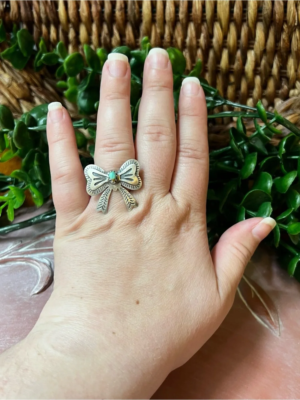 Sterling Silver Kingman Turquoise Bow Ring Size 9 Adjustable